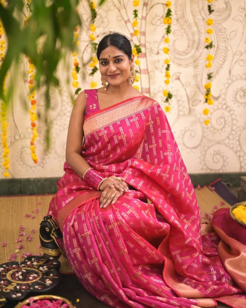 Rangvalli - Pink Silk Saree with Geometric Gold Zari Weave