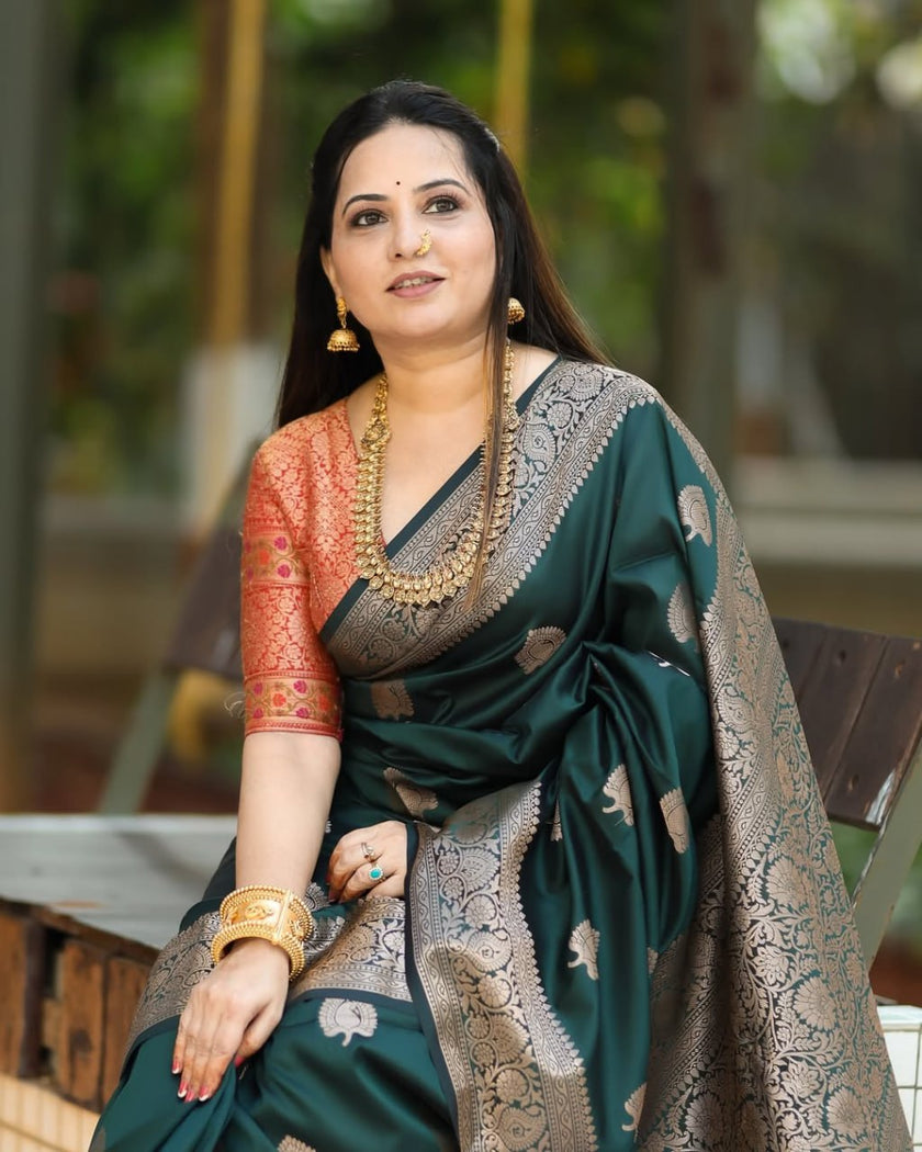 Vritika - Green Banarasi Silk Saree with Silver Zari Motifs