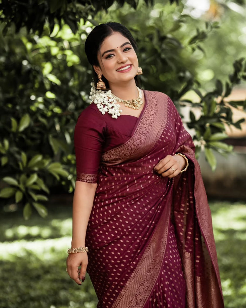 Shaambhavi – Maroon Banarasi Silk Saree with Traditional Woven Pallu & Border