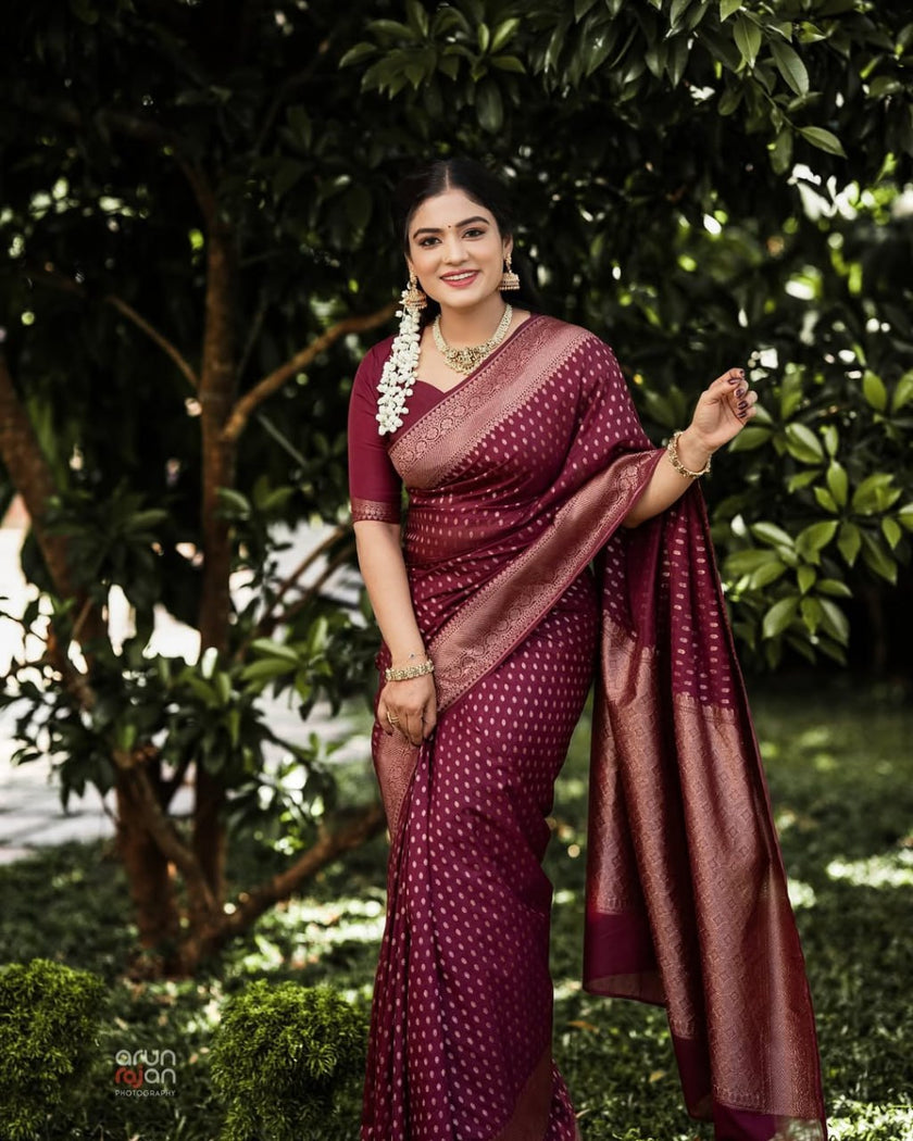 Shaambhavi – Maroon Banarasi Silk Saree with Traditional Woven Pallu & Border