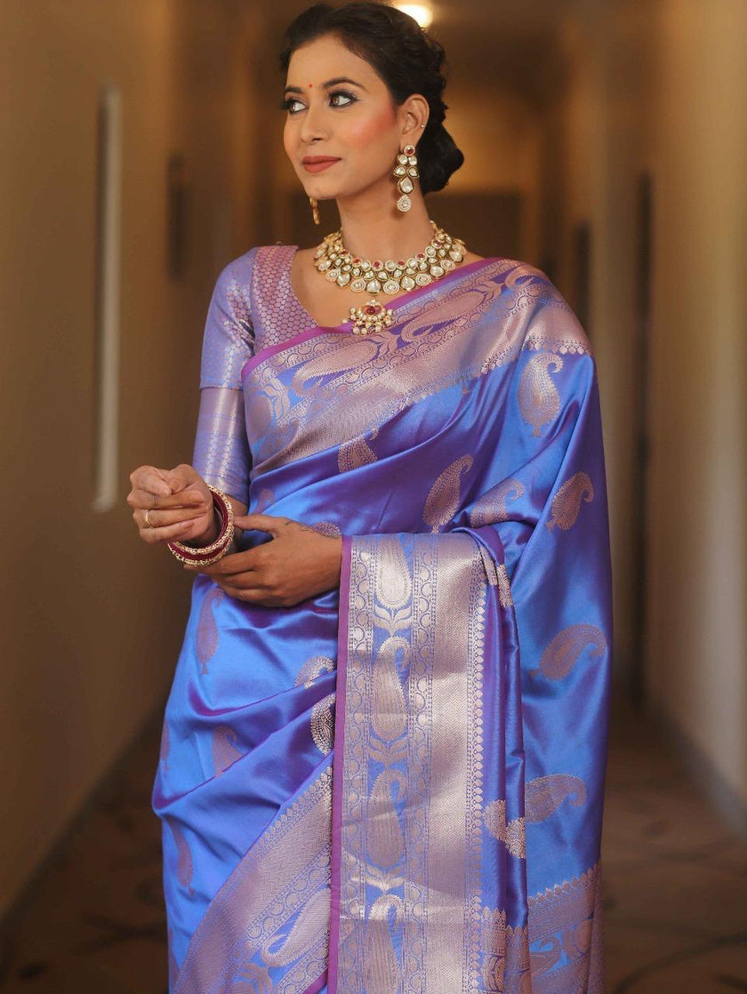 Vijayalakshmi - Blue Kanjivaram Silk Saree with Gold Paisley Zari Border