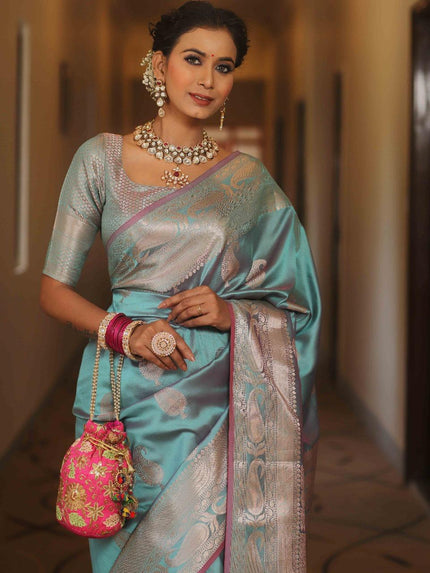 Vimla - Sky Blue Banarasi Silk Saree with Golden Paisley Weaving