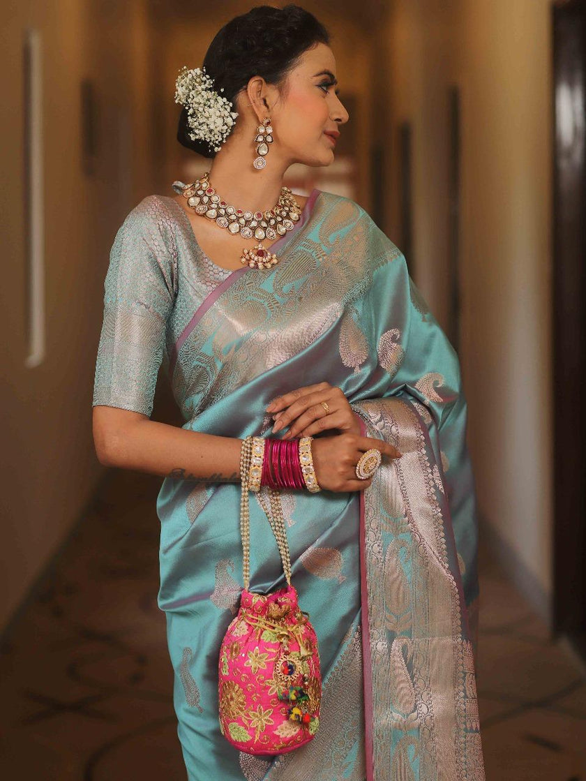 Vimla - Sky Blue Banarasi Silk Saree with Golden Paisley Weaving