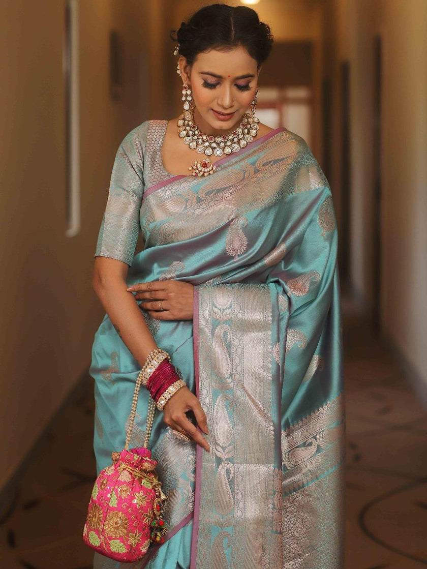 Vimla - Sky Blue Banarasi Silk Saree with Golden Paisley Weaving