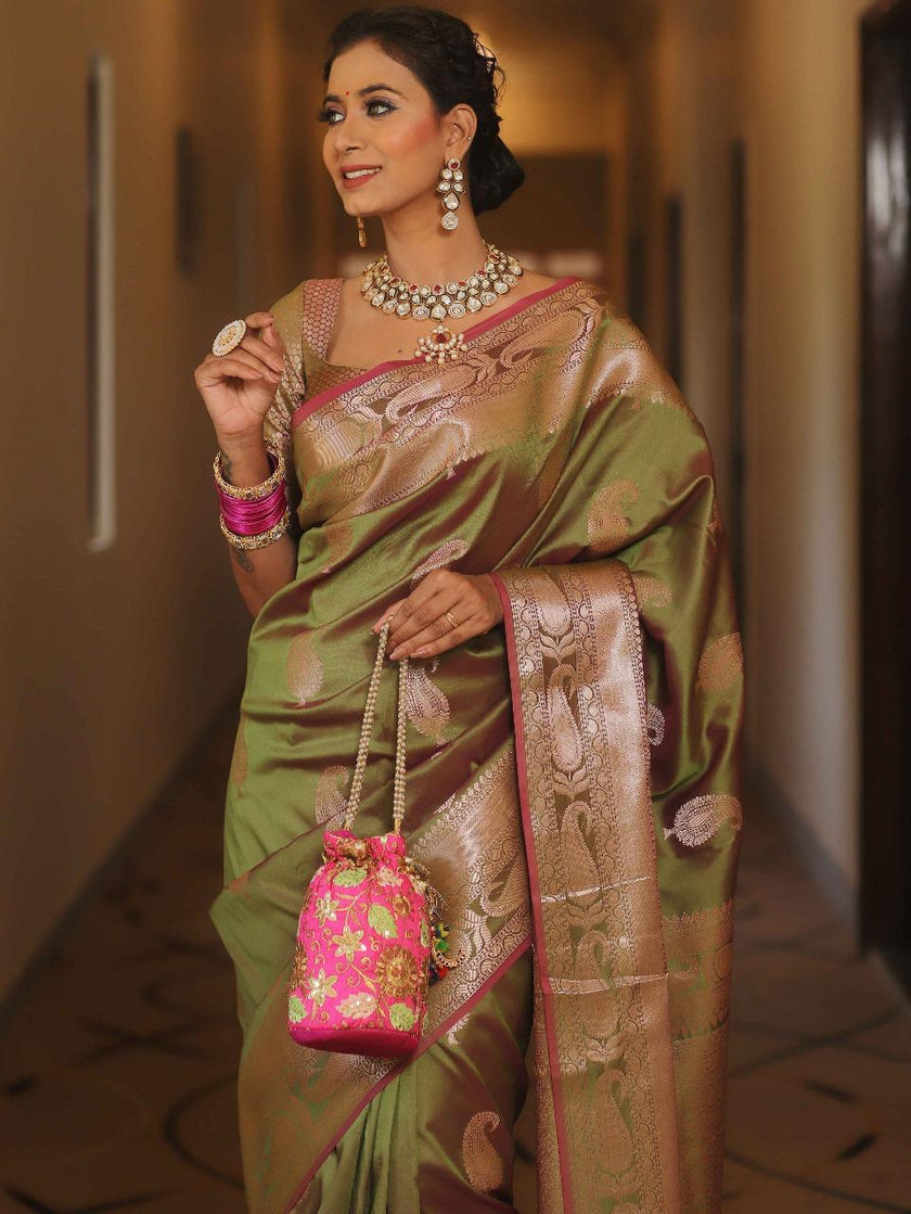 Vimla - Green Banarasi Silk Saree with Golden Paisley Weaving
