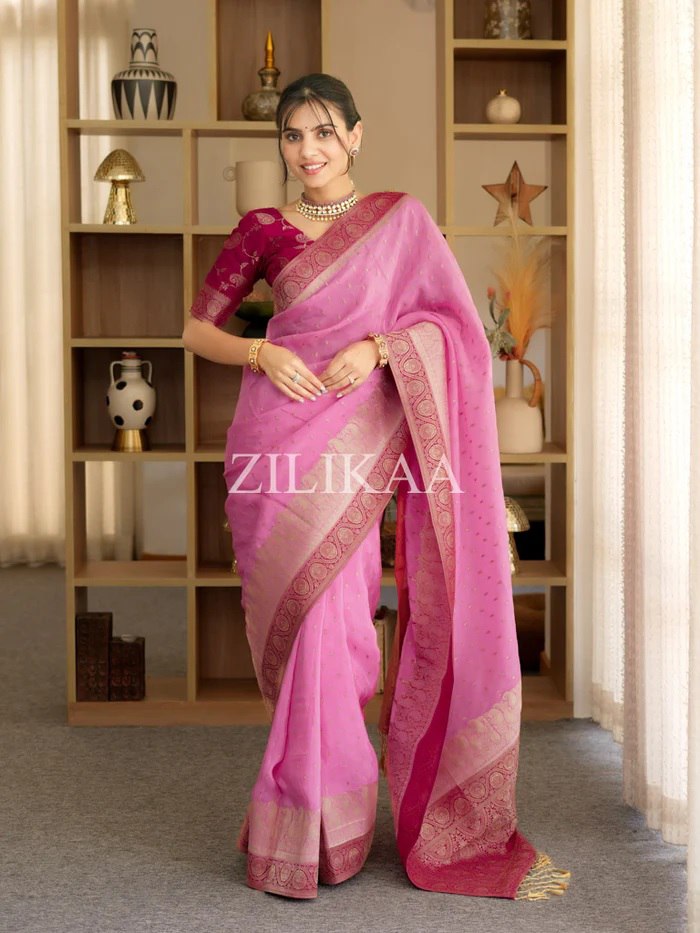 Rose Pink and Rani Pink Silk Saree with Woven Border