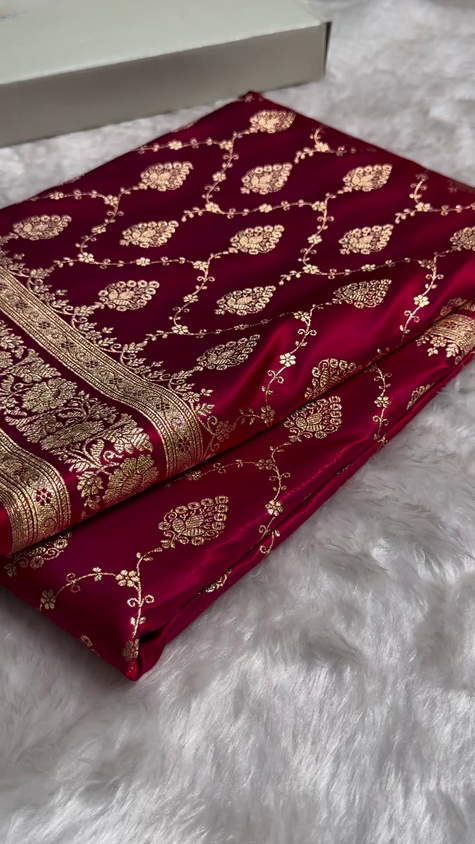 Maroon Banarasi Silk Saree with Golden Zari Buttas & Traditional Border
