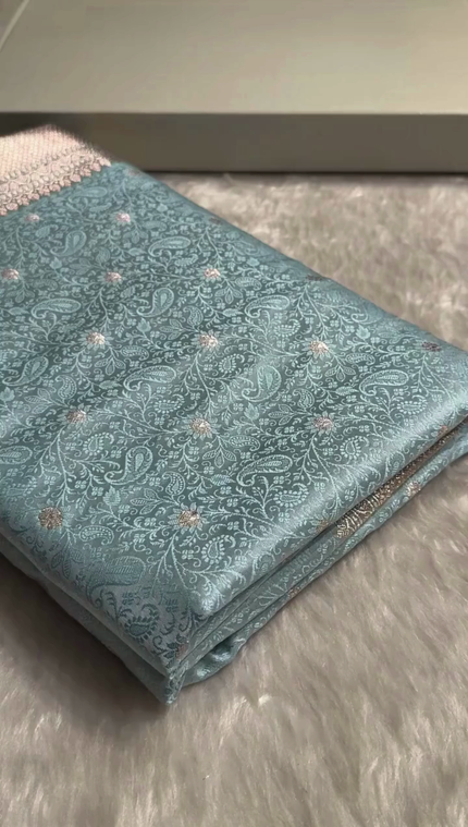 Elegant Sky Blue Banarasi Silk Saree with Intricate Zari Weaving