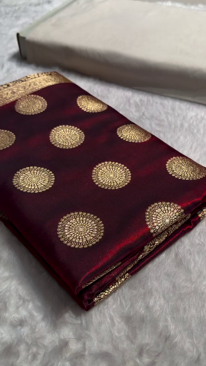 Maroon Banarasi Silk Saree with Gold Zari Circular Medallion Motifs & Rich Woven Border