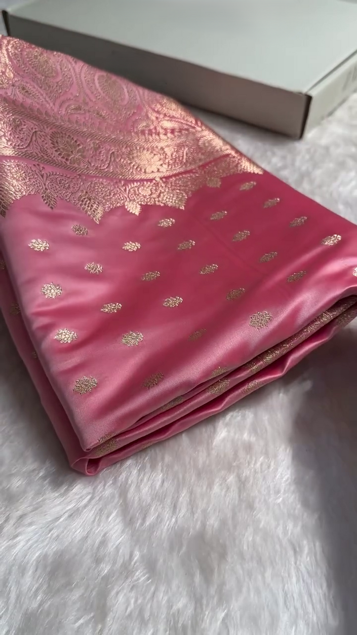 Baby Pink Banarasi Silk Saree with Golden Zari Buttas & Rich Pallu