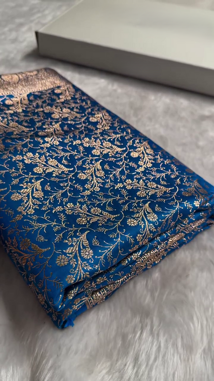 Royal Blue Banarasi Silk Saree with All-Over Golden Zari Floral Weaving