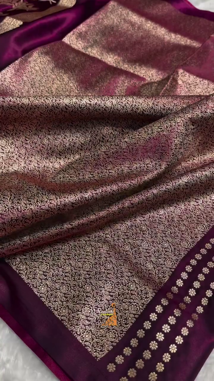 Wine Purple Banarasi Silk Saree with Gold Zari Floral Buti Motifs & Classic Woven Border