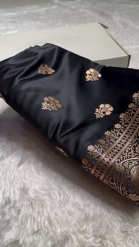 Black Banarasi Silk Saree with Golden Zari Floral Motifs & Traditional Border
