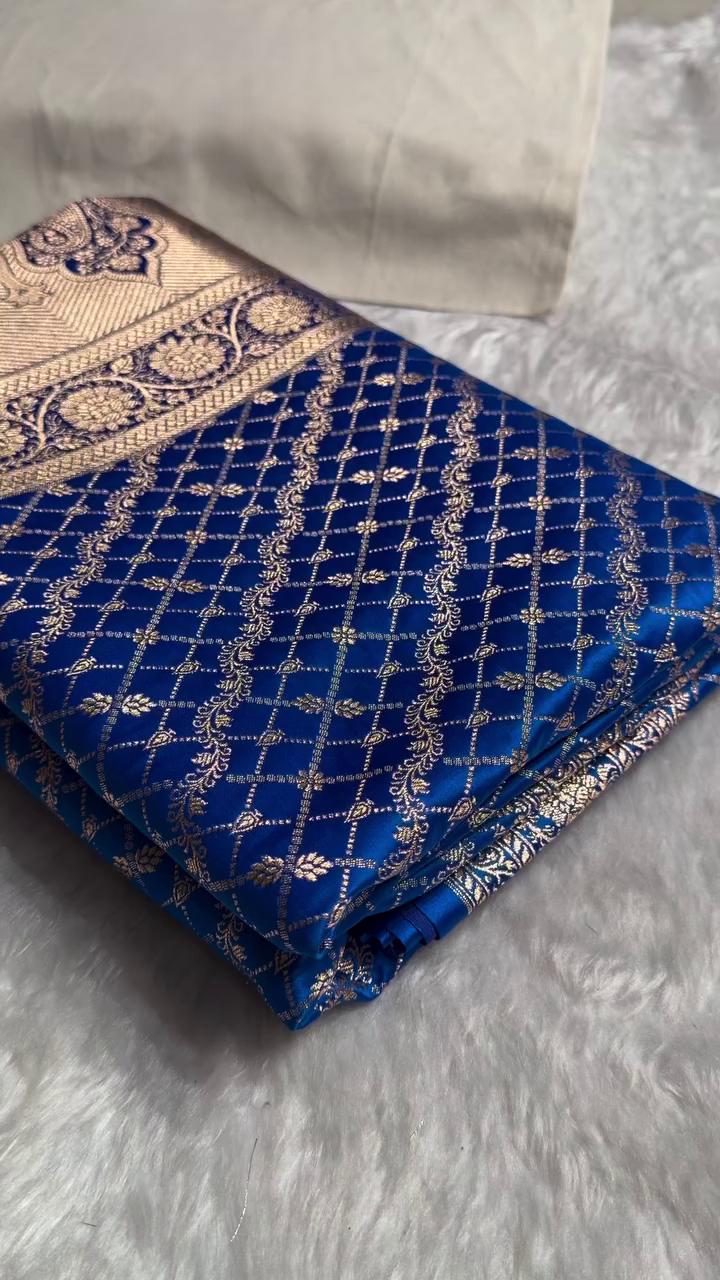 Royal Blue Banarasi Silk Saree with Gold Zari Lattice Jaal & Heavy Traditional Border