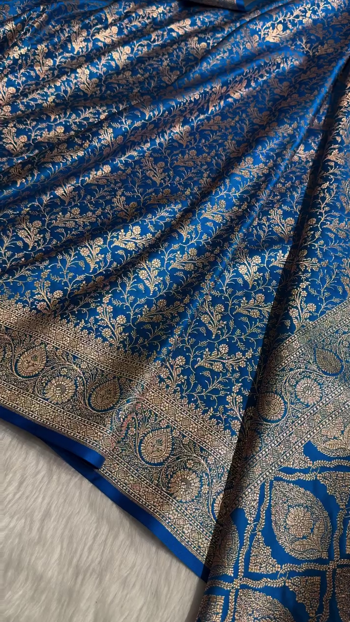 Royal Blue Banarasi Silk Saree with All-Over Golden Zari Floral Weaving