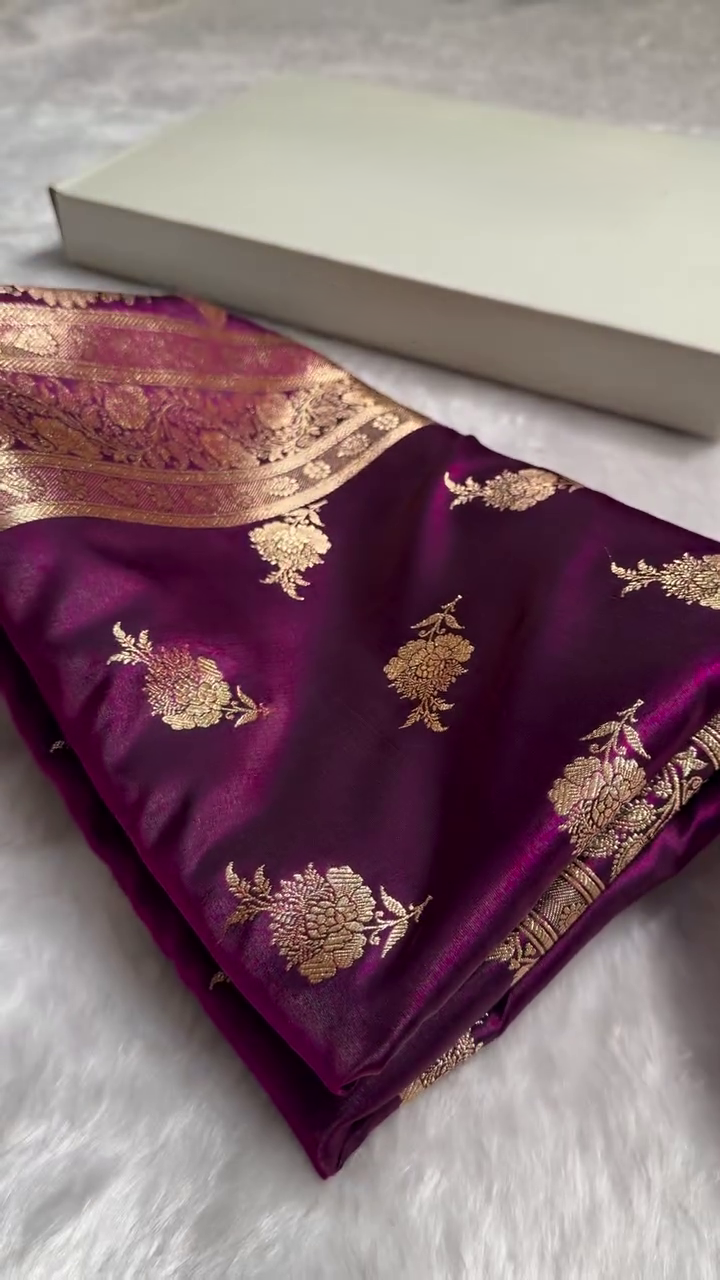 Deep Purple Banarasi Silk Saree with Golden Zari Floral Motifs & Rich Pallu