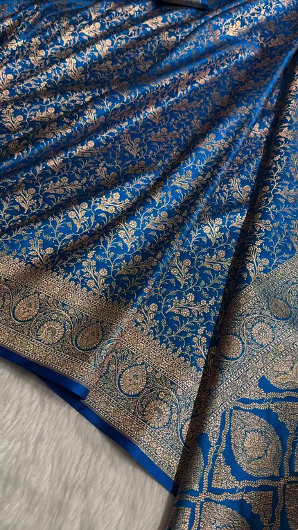 Royal Blue Banarasi Silk Saree with All-Over Golden Zari Floral Weaving