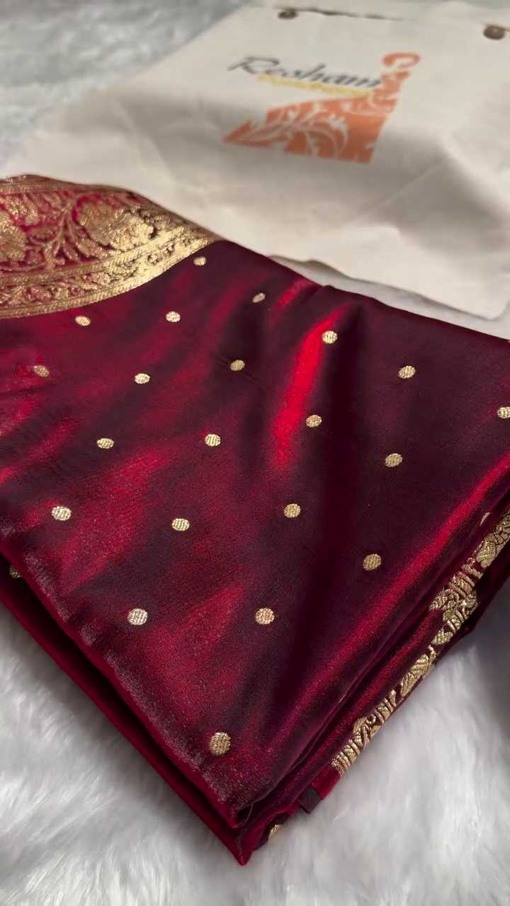 Deep Maroon Kanjivaram Silk Saree with Golden Zari Polka Butta & Traditional Border