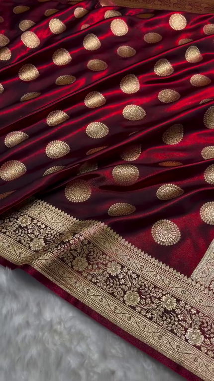 Maroon Banarasi Silk Saree with Gold Zari Circular Medallion Motifs & Rich Woven Border