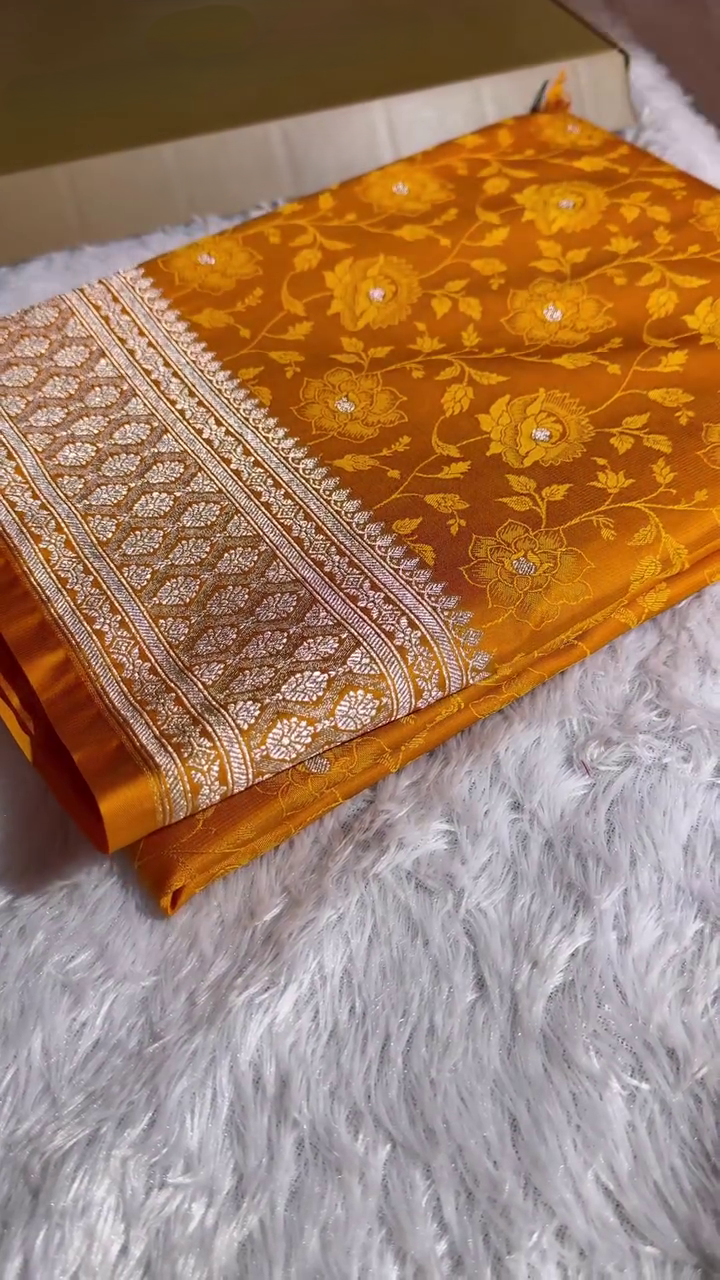 Orange Gold Banarasi Silk Saree With Intricate Zari Weaving