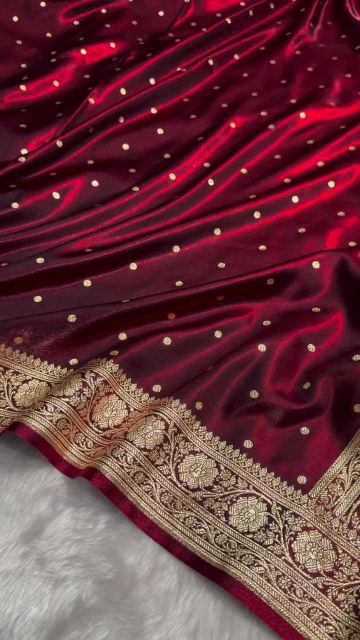 Deep Maroon Kanjivaram Silk Saree with Golden Zari Polka Butta & Traditional Border