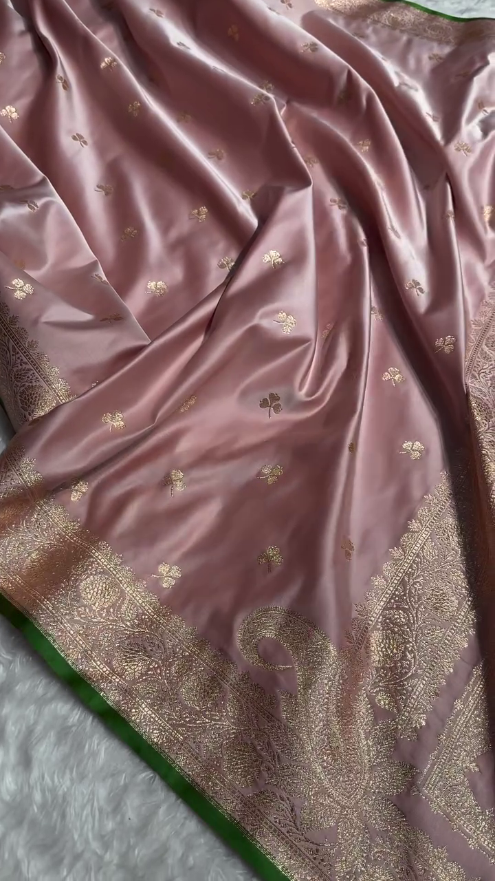 Dusty Rose Banarasi Silk Saree with Golden Zari Buttas & Elegant Border