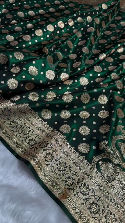 Forest Green Banarasi Silk Saree with Gold Zari Medallion Motifs & Traditional Woven Border