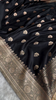 Black Banarasi Silk Saree with Golden Zari Floral Motifs & Traditional Border