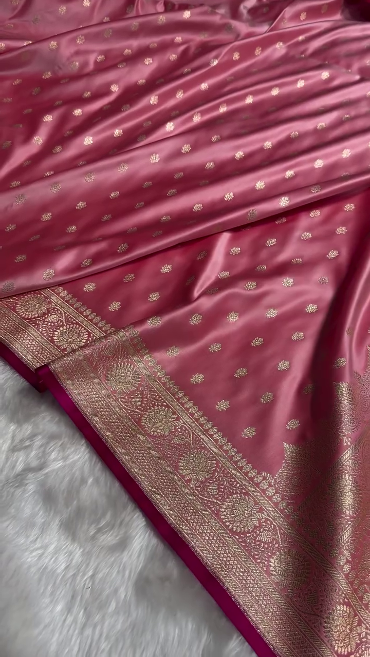 Baby Pink Banarasi Silk Saree with Golden Zari Buttas & Rich Pallu
