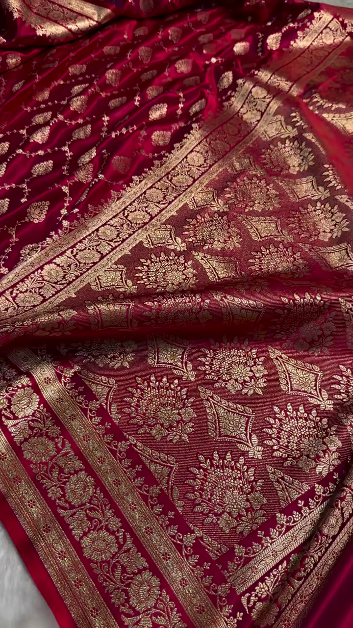 Maroon Banarasi Silk Saree with Golden Zari Buttas & Traditional Border