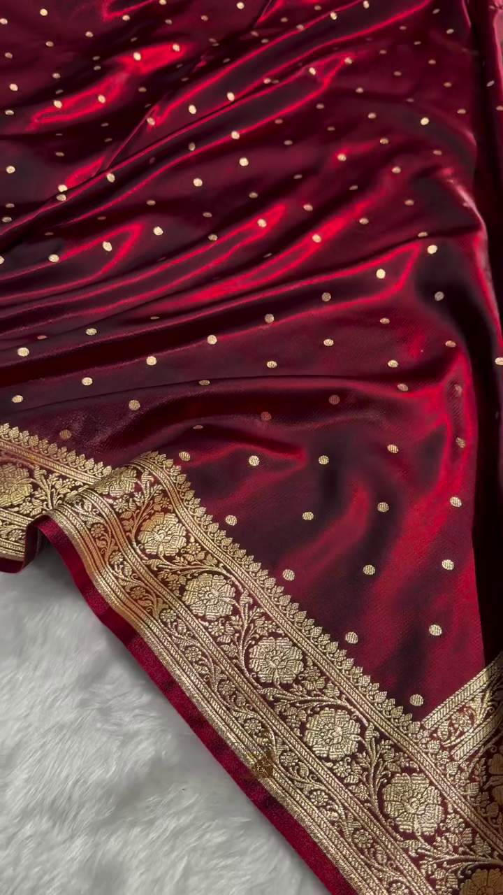 Deep Maroon Kanjivaram Silk Saree with Golden Zari Polka Butta & Traditional Border