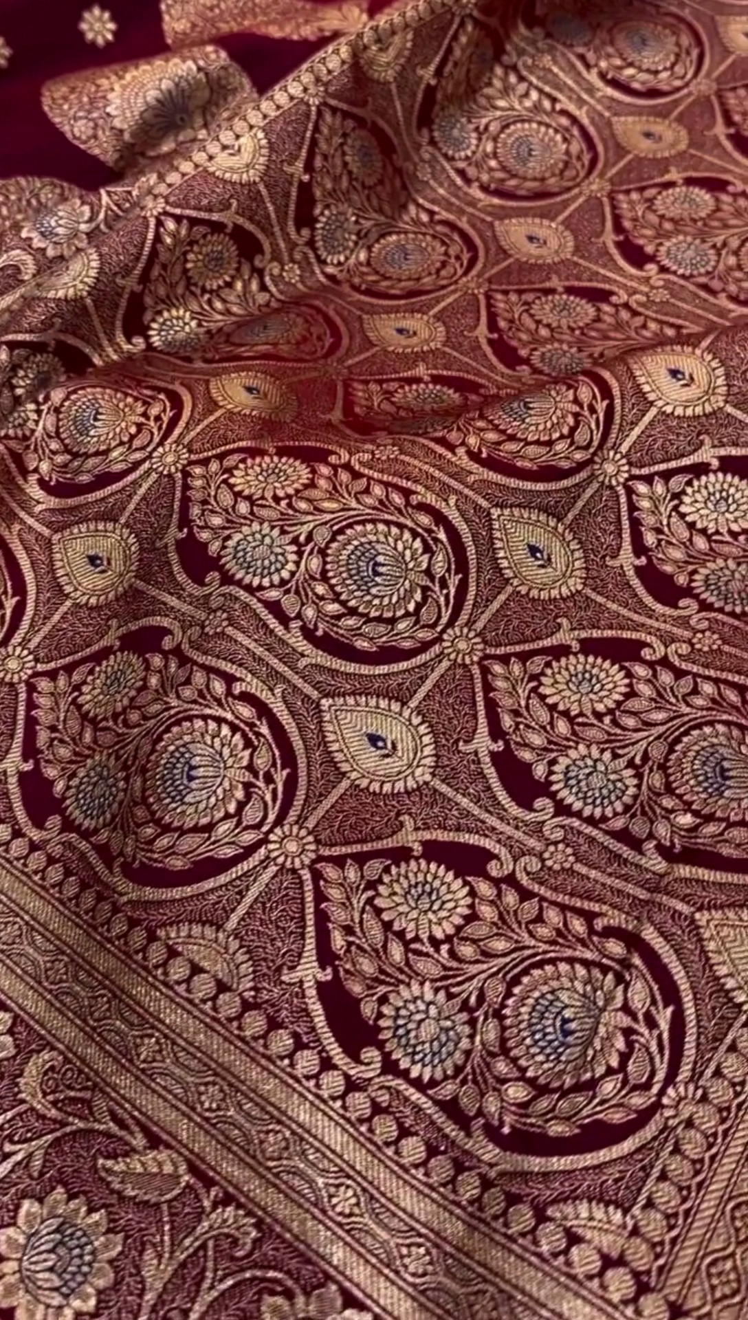 Wine Red Banarasi Silk Saree with Golden Zari Floral Motifs & Rich Border