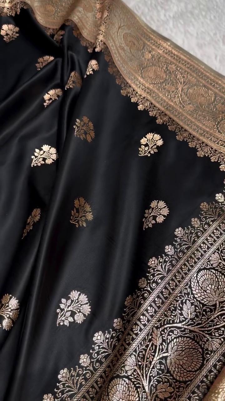 Black Banarasi Silk Saree with Golden Zari Floral Motifs & Traditional Border