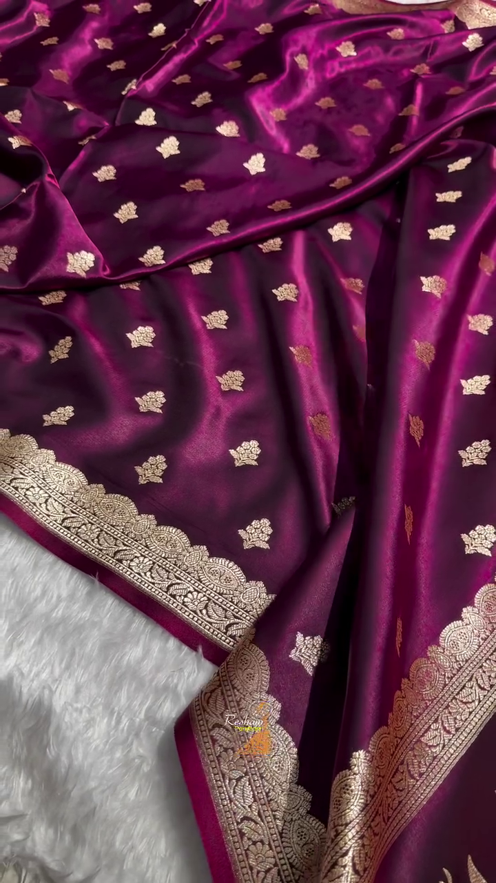 Wine Purple Banarasi Silk Saree with Gold Zari Floral Buti Motifs & Classic Woven Border