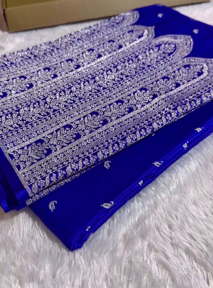 Royal Blue Banarasi Silk Saree With Heavy Silver Zari Work