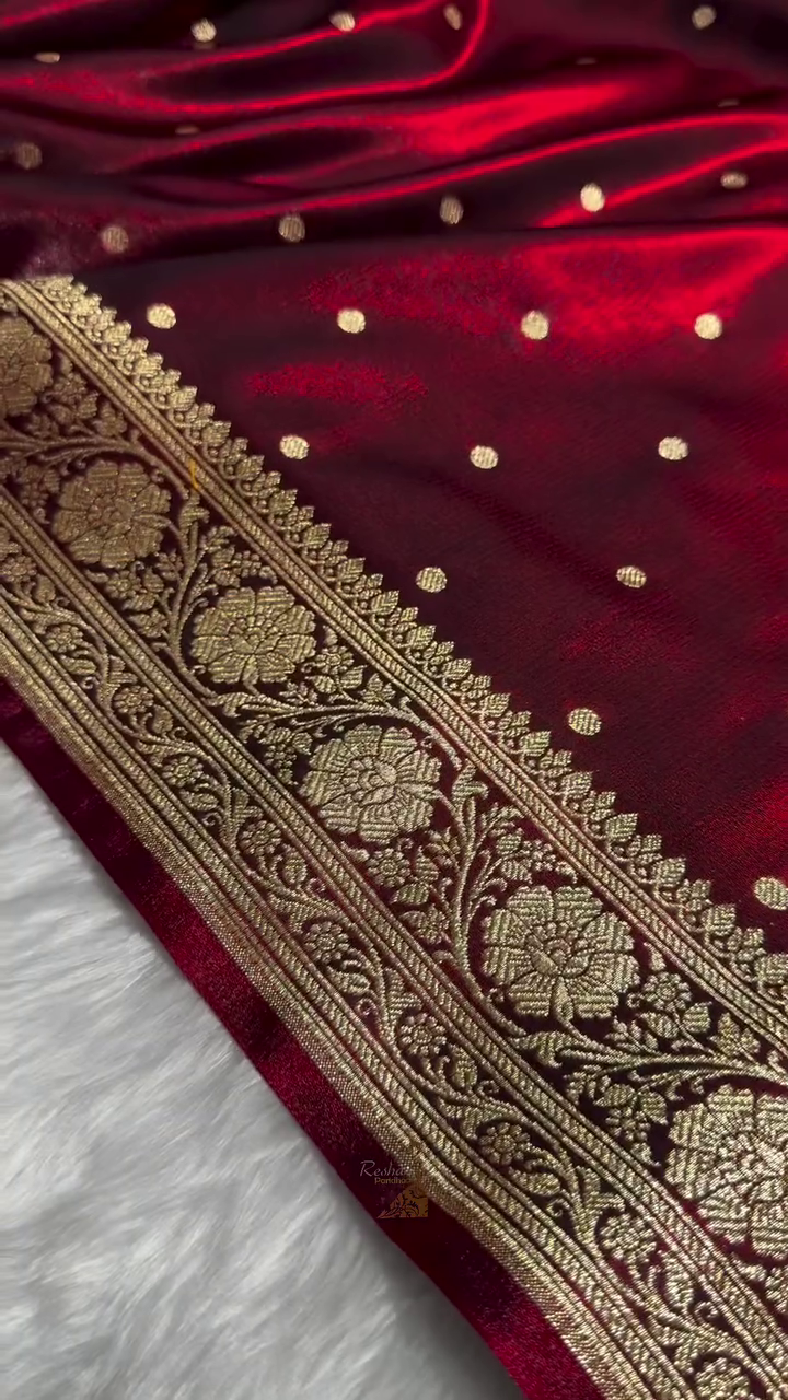 Deep Maroon Kanjivaram Silk Saree with Golden Zari Polka Butta & Traditional Border