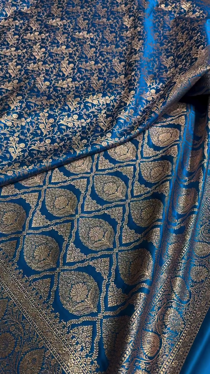 Royal Blue Banarasi Silk Saree with All-Over Golden Zari Floral Weaving