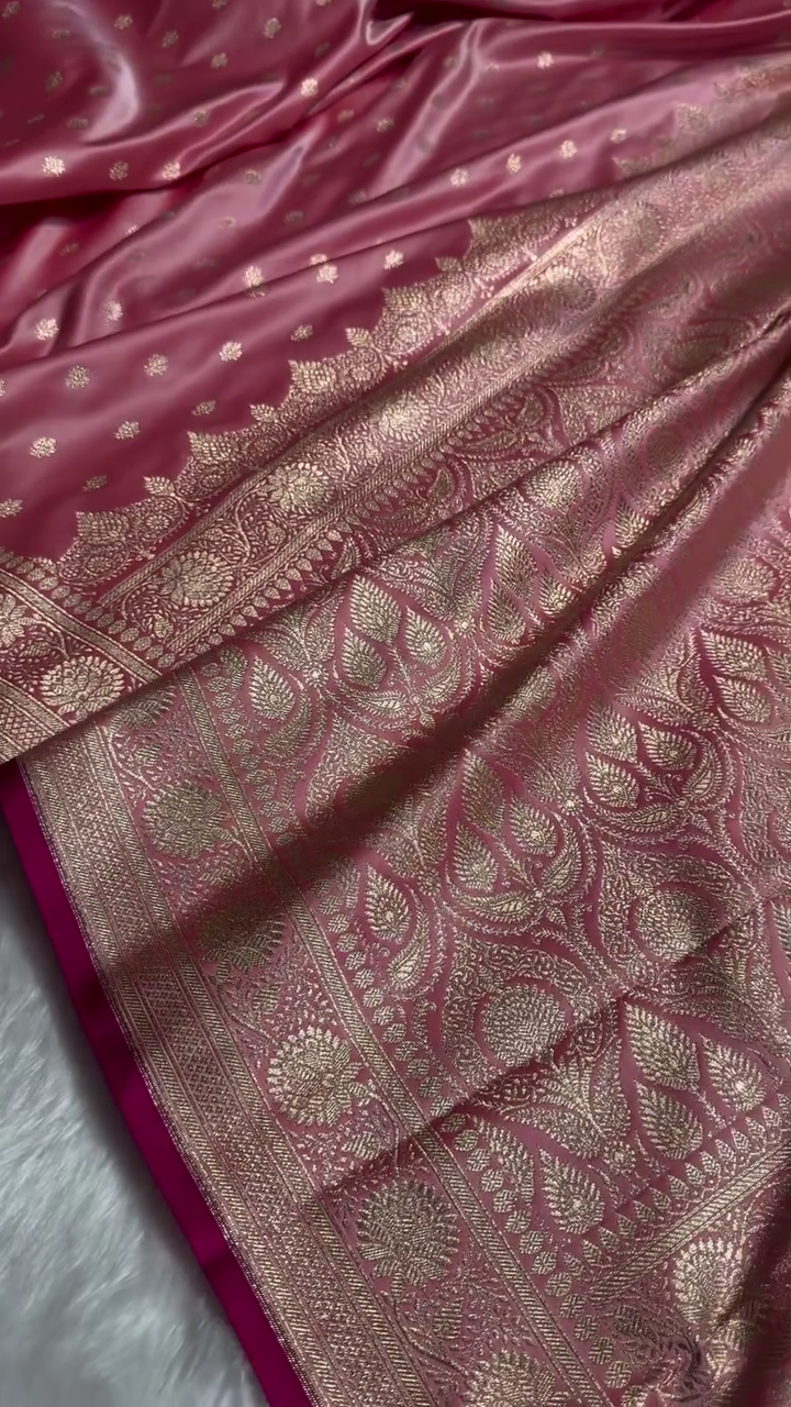 Baby Pink Banarasi Silk Saree with Golden Zari Buttas & Rich Pallu
