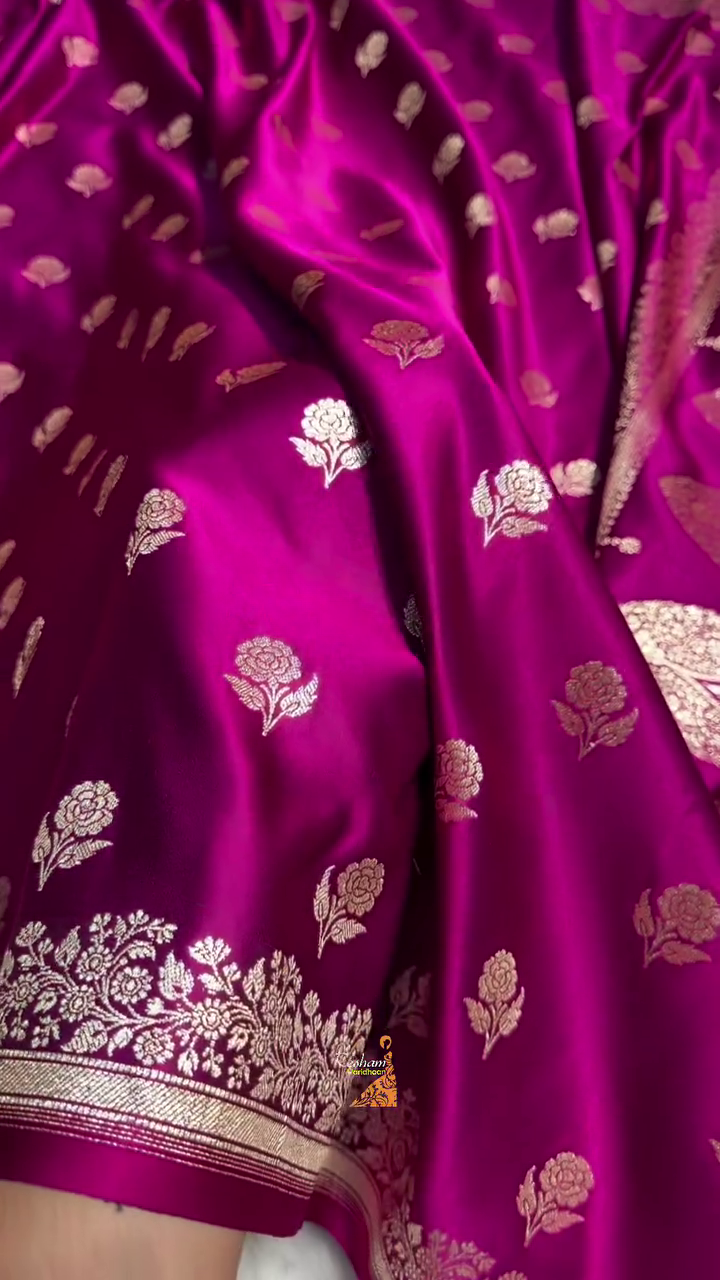 Royal Purple Banarasi Silk Saree with Gold Zari Floral Buti Motifs & Classic Woven Border
