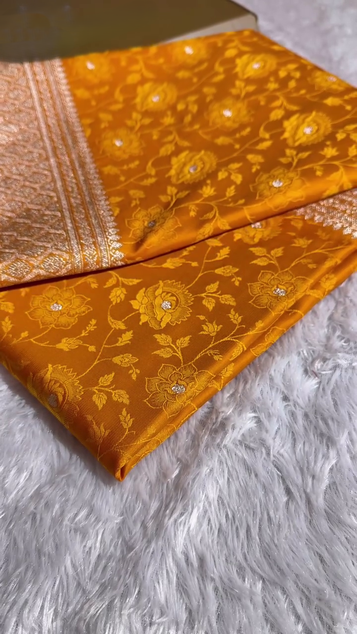 Orange Gold Banarasi Silk Saree With Intricate Zari Weaving