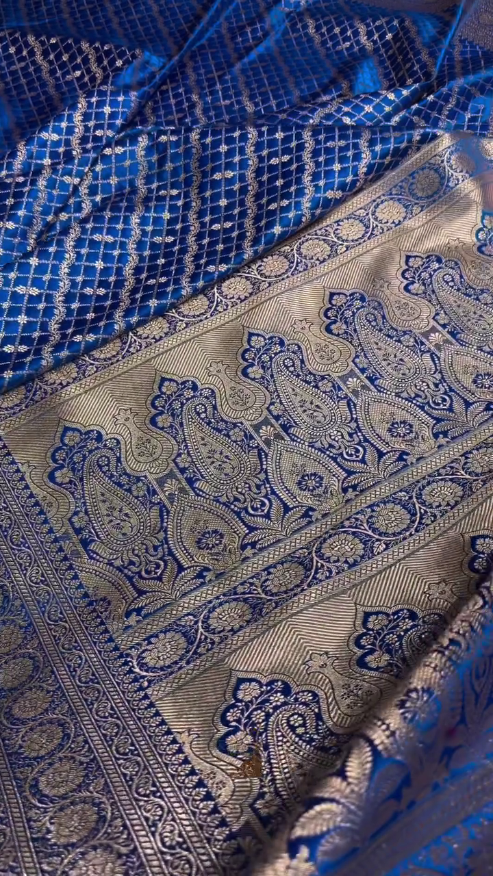 Royal Blue Banarasi Silk Saree with Gold Zari Lattice Jaal & Heavy Traditional Border