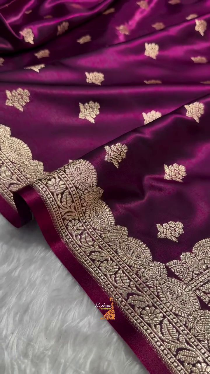 Wine Purple Banarasi Silk Saree with Gold Zari Floral Buti Motifs & Classic Woven Border