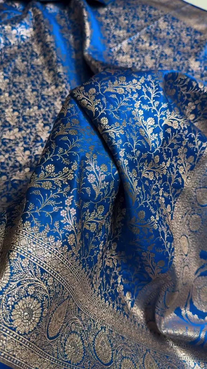 Royal Blue Banarasi Silk Saree with All-Over Golden Zari Floral Weaving