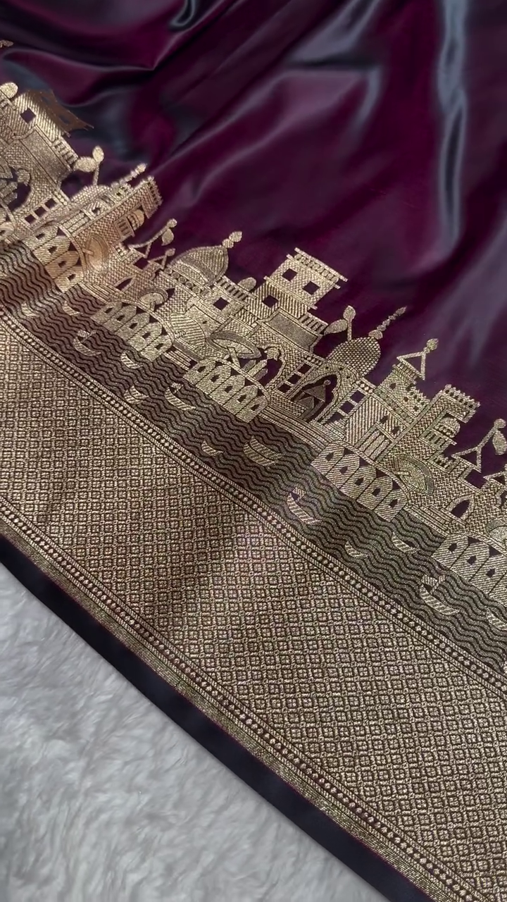 Majestic Wine Banarasi Silk Saree with Golden Zari Cityscape Border