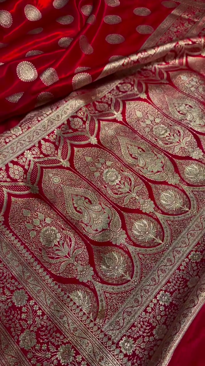 Bright Red Banarasi Silk Saree with Gold Zari Circular Medallion Motifs & Rich Woven Border