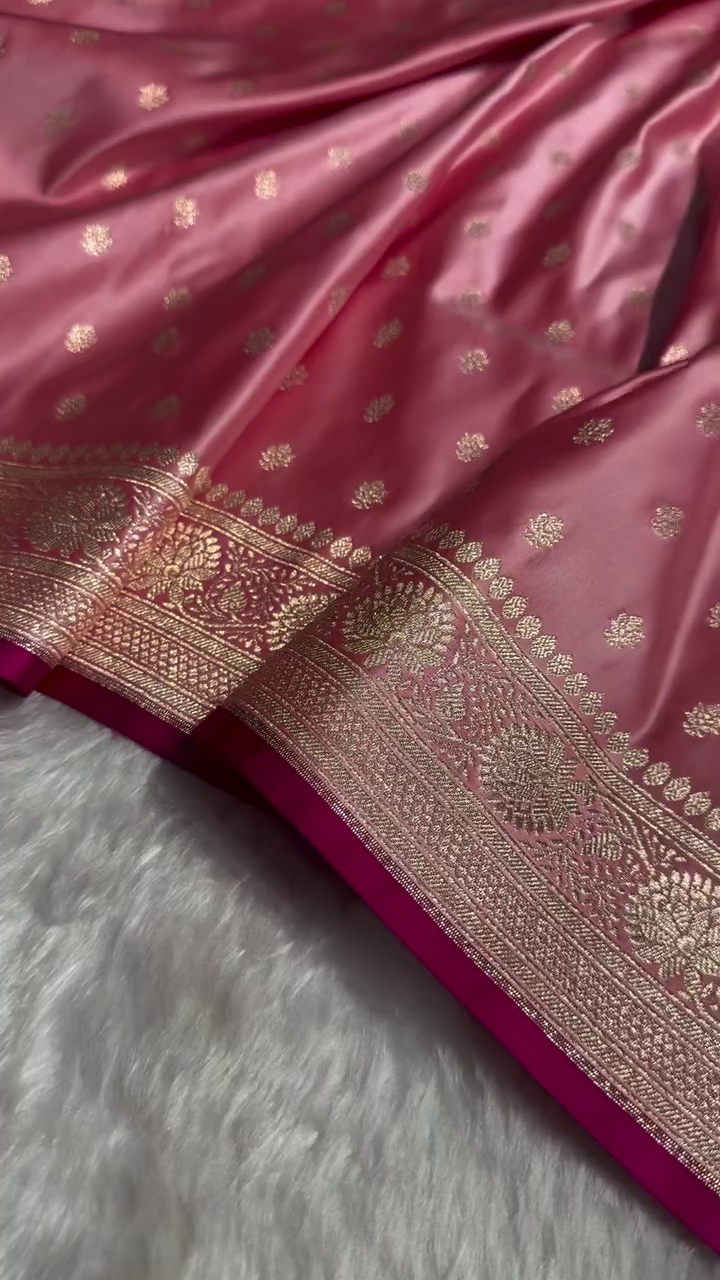 Baby Pink Banarasi Silk Saree with Golden Zari Buttas & Rich Pallu