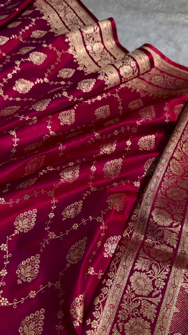 Maroon Banarasi Silk Saree with Golden Zari Buttas & Traditional Border