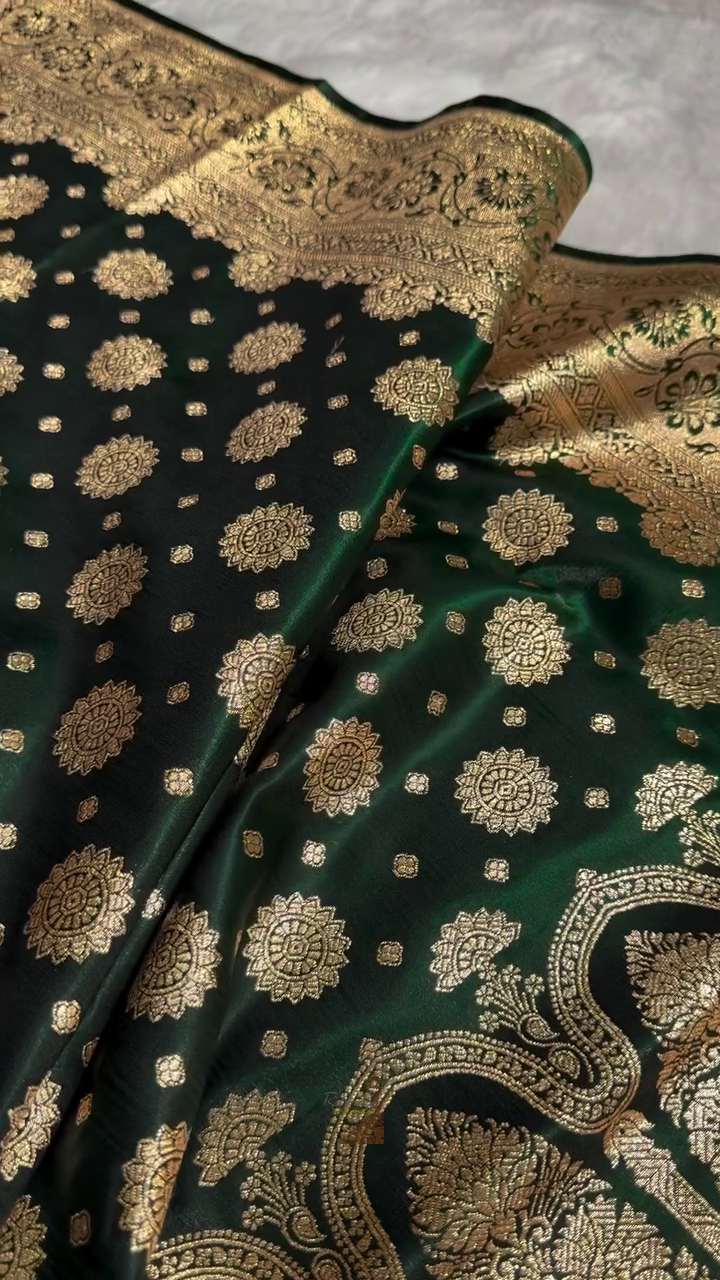 Forest Green Banarasi Silk Saree with Gold Zari Medallion Motifs & Traditional Woven Border