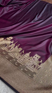 Majestic Wine Banarasi Silk Saree with Golden Zari Cityscape Border
