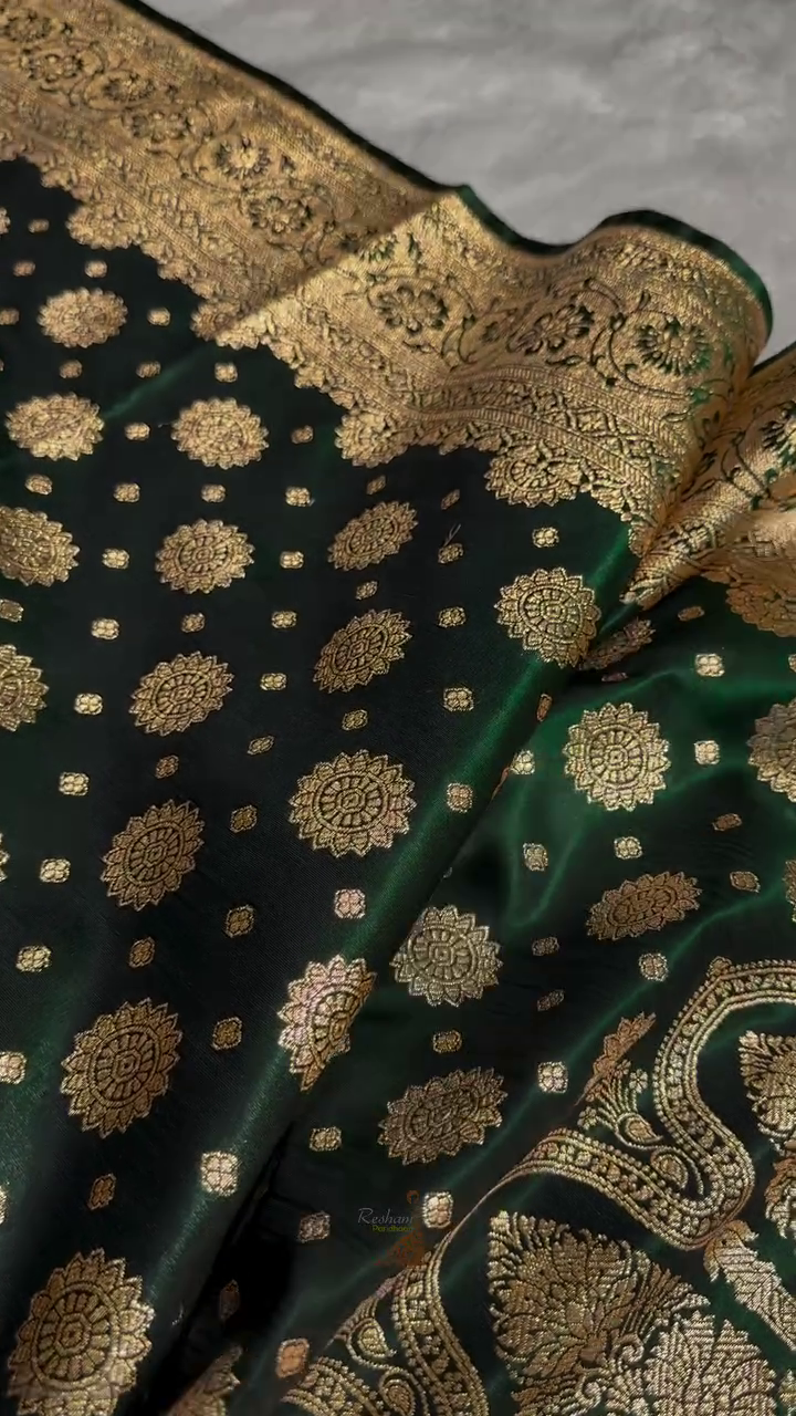 Forest Green Banarasi Silk Saree with Gold Zari Medallion Motifs & Traditional Woven Border